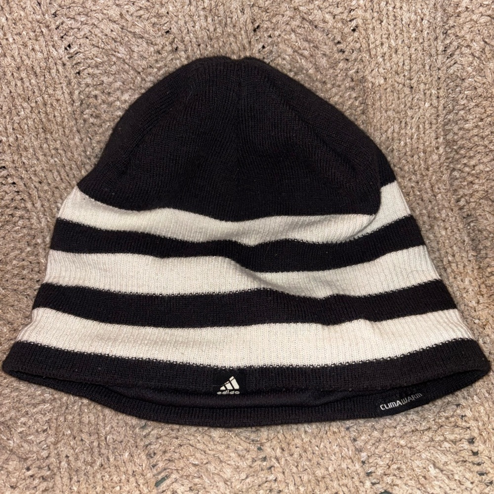 Adidas Black and White Striped ClimaWarm Beanie OS